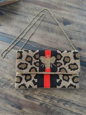 Leopard Beaded Clutch with Embroidered Bee and Red-Black Stripe